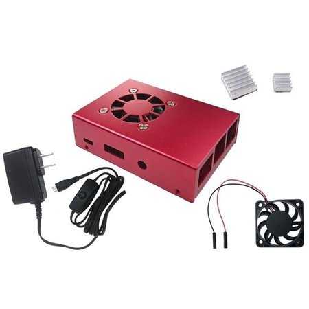 MICRO CONNECTORS Micro Connectors RAS-PCS04PWR-RD Aluminum Raspberry Pi 3 Model B B Plus Case with Fan with Power Adapter - Red RAS-PCS04PWR-RD